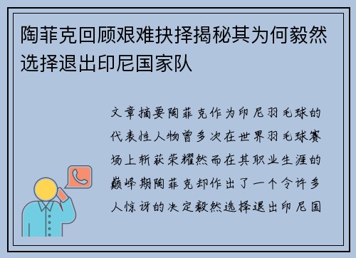 陶菲克回顾艰难抉择揭秘其为何毅然选择退出印尼国家队