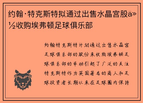 约翰·特克斯特拟通过出售水晶宫股份收购埃弗顿足球俱乐部 约翰·特克斯特拟通过出售水晶宫股份收购埃弗顿足球俱乐部