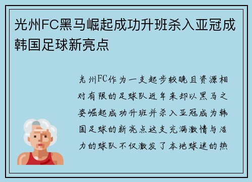 光州FC黑马崛起成功升班杀入亚冠成韩国足球新亮点